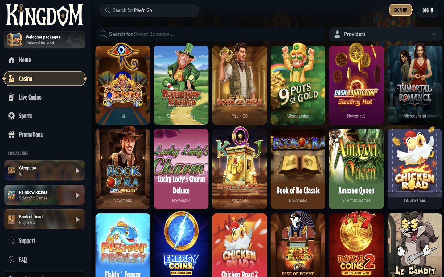 Kingdom Casino screenshot showing the homepage and game lobby