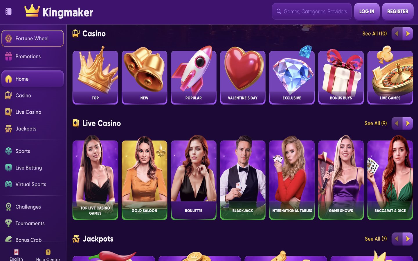 Kingmaker screenshot showing the homepage and game lobby