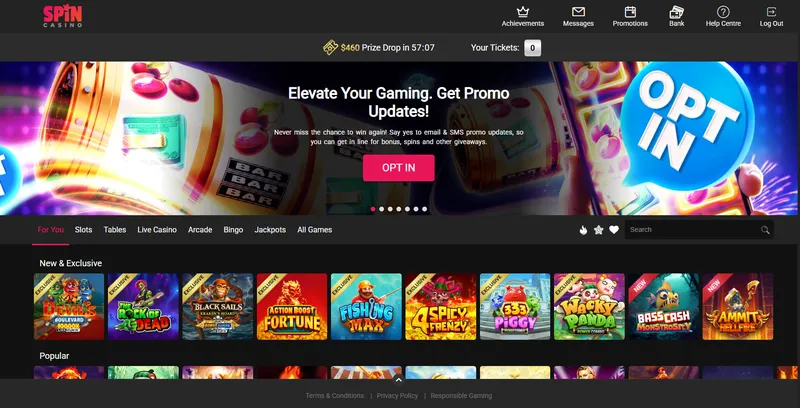 Spin Casino homepage screenshot