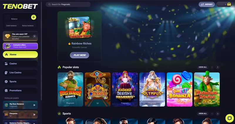 Tenobet casino homepage screenshot